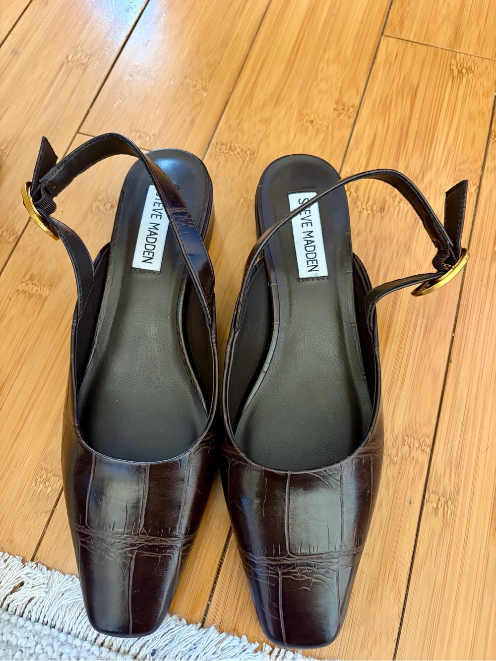 Nordstrom Dark Brown Croc-Embossed Slingback Flats with Gold Buckles